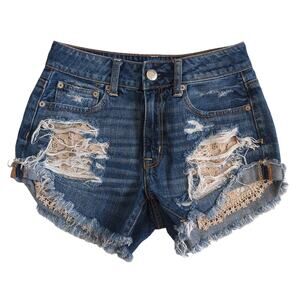 American Eagle Hi Rise Festival Denim Shorts Size 2 Denim Distressed Ripped Lace